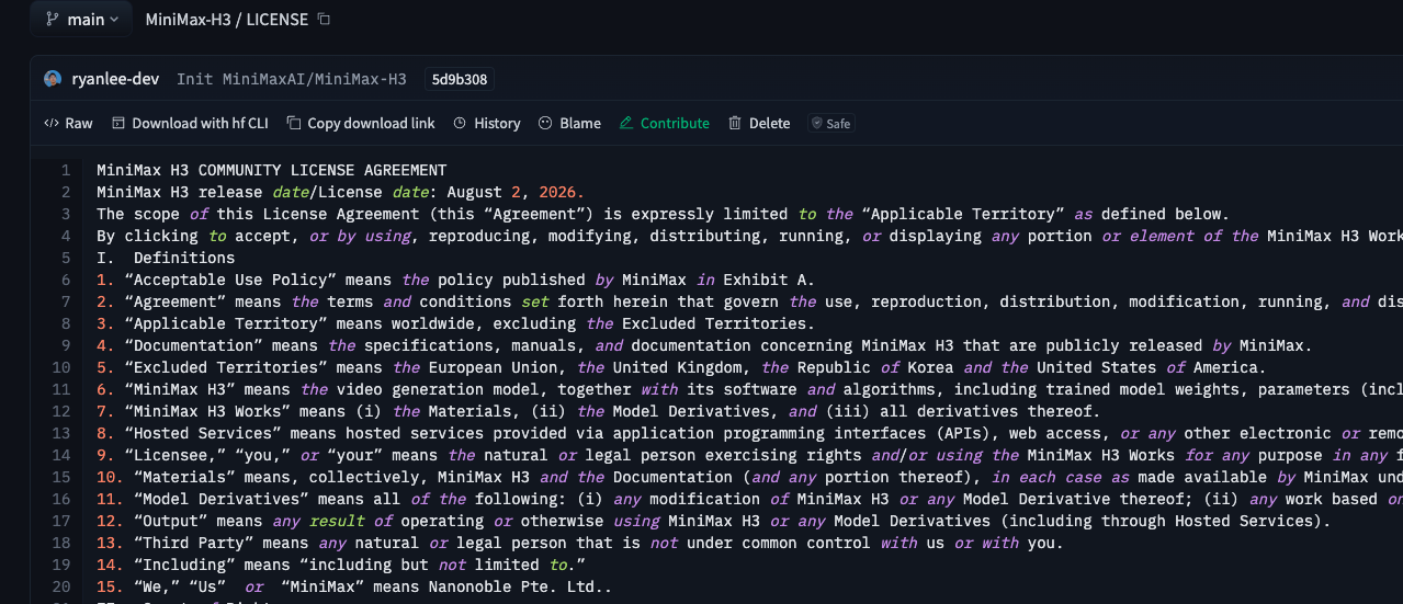 Screenshot of the MiniMax H3 terms of use on GitHub